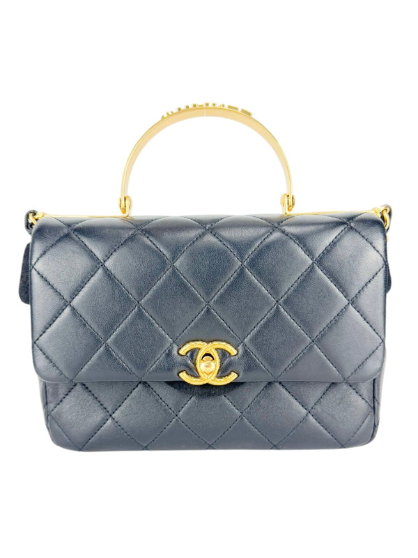 Chanel Black Lambskin Leather Matelasse Top Handle Single Flap Bag Small