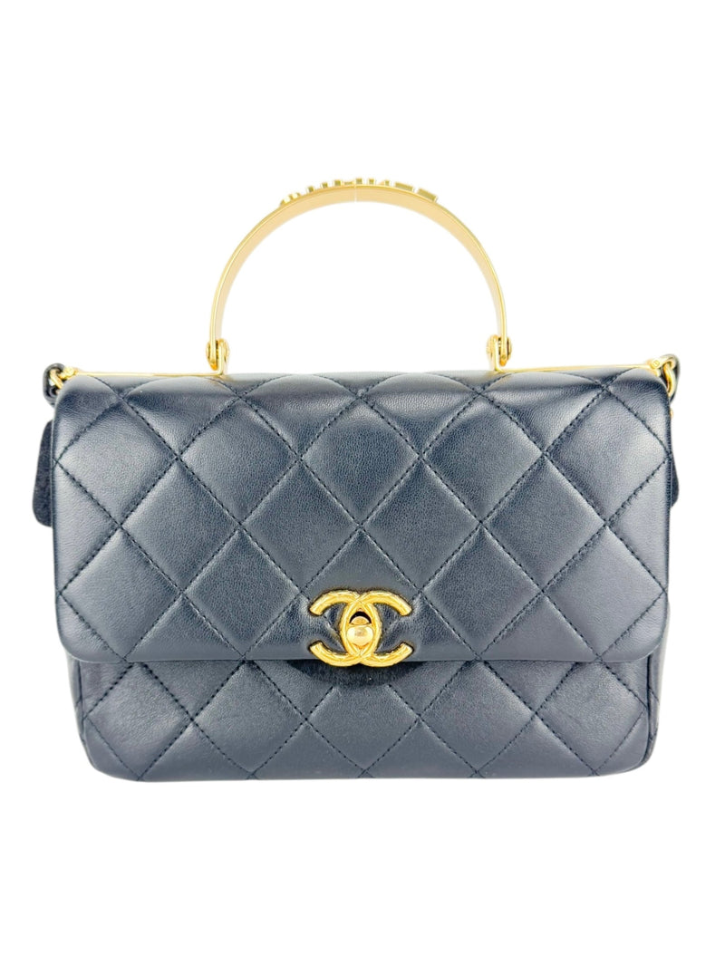 Chanel Black Lambskin Leather Matelasse Top Handle Single Flap Bag Small