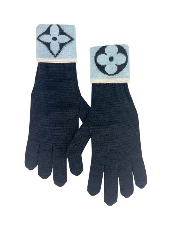 Louis Vuitton Black, Light Blue and Cream Knit Gloves