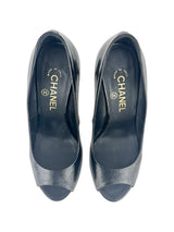 Chanel Black Goatskin 16S Interlocking CC Logo Open Pump 38 (FULL SET)