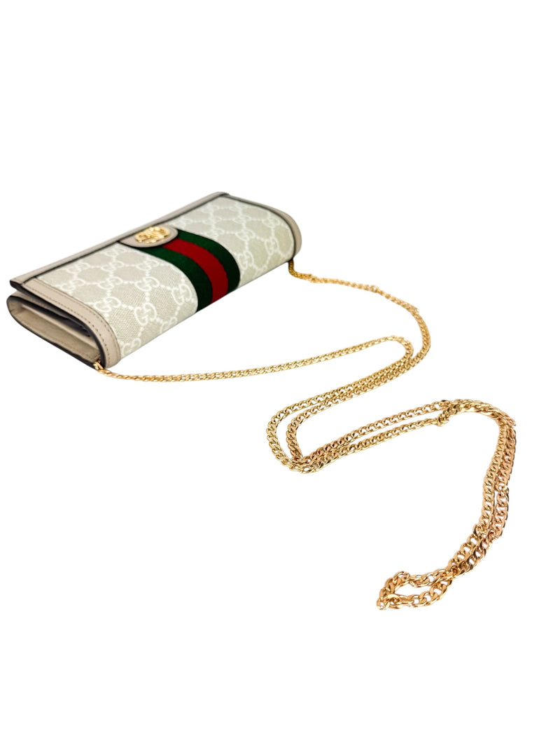 Gucci Beige and White Coated Canvas Leather Ophidia Chain Wallet