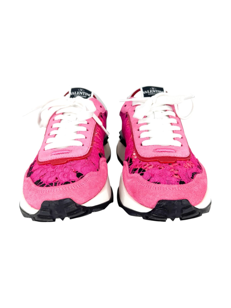 Valentino Pink Red and White Lace Runner Sneakers