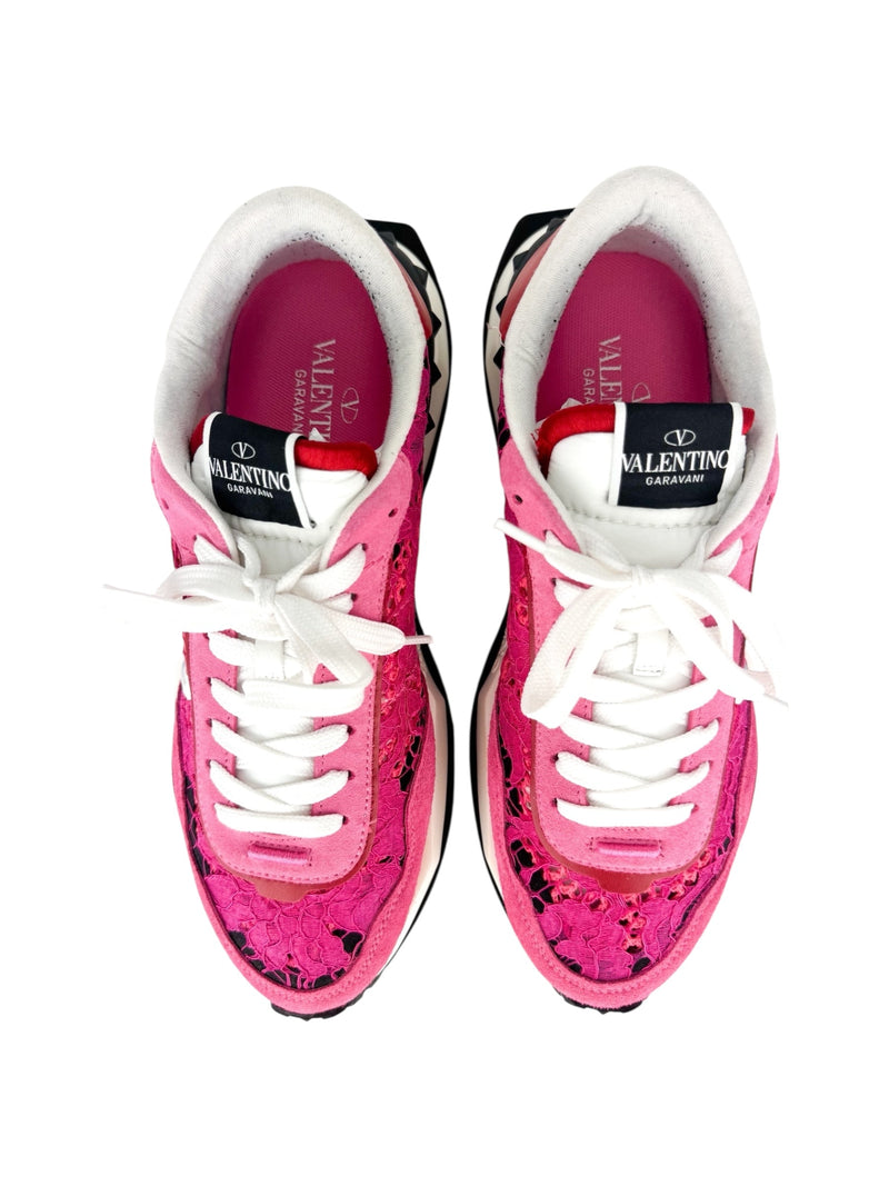Valentino Pink Red and White Lace Runner Sneakers
