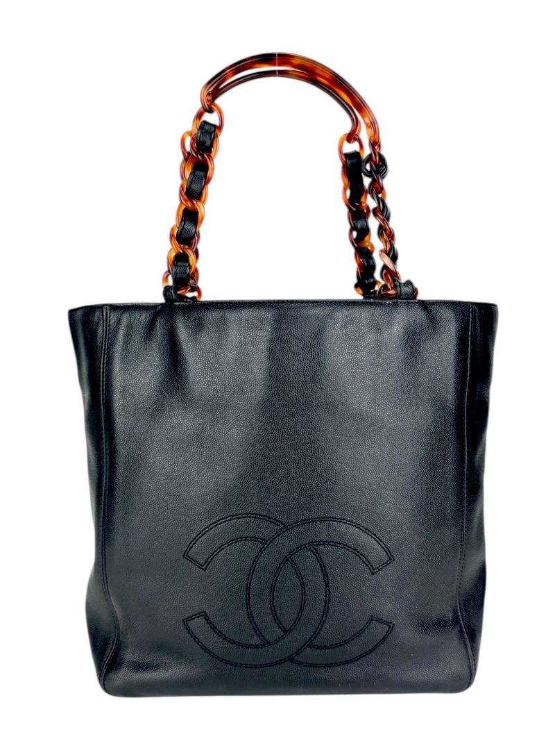 Chanel Black Caviar Leather Tortoise Shell Chain Tote Bag
