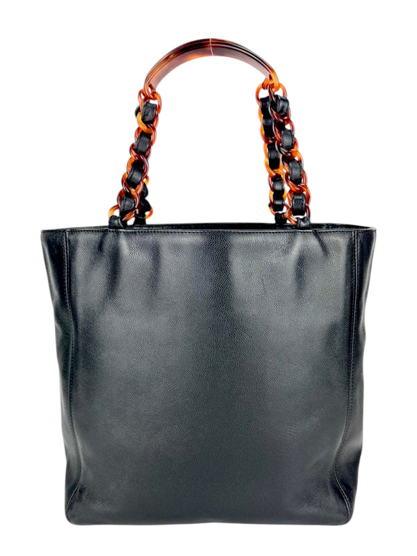 Chanel Black Caviar Leather Tortoise Shell Chain Tote Bag