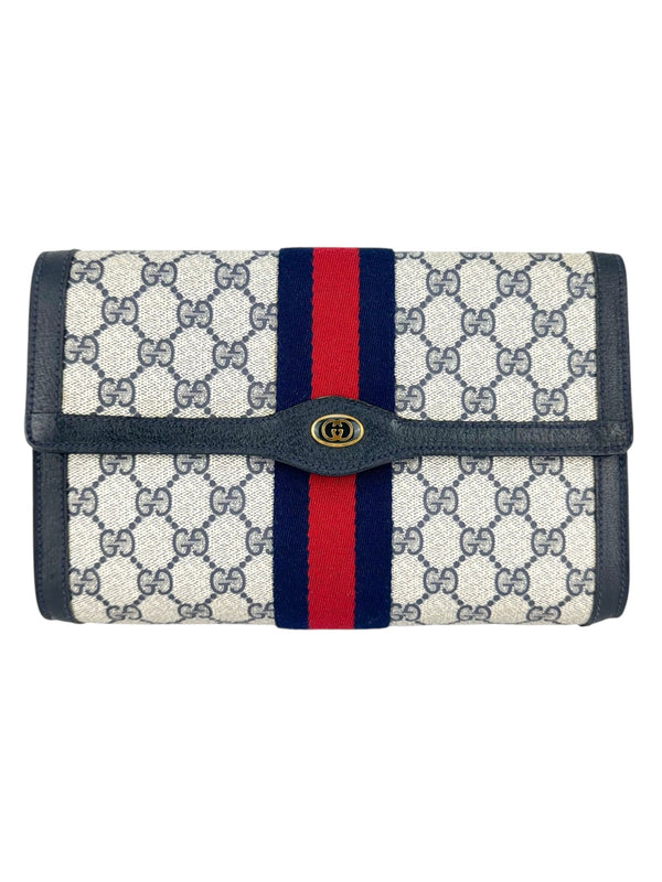 Gucci Coated Canvas Navy, Beige and Red Clutch Bag