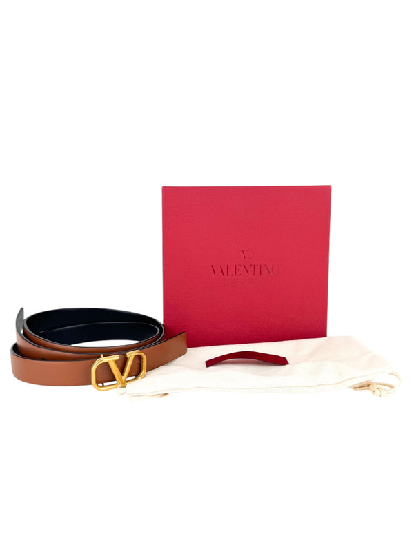 Valentino Brown and Black Leather Reversible V Logo Belt