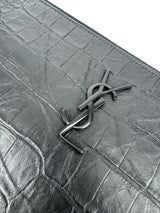 Saint Laurent Black Leather Croc Embossed Paris Clutch Bag