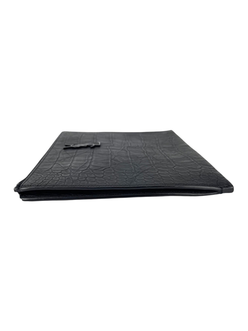 Saint Laurent Black Leather Croc Embossed Paris Clutch Bag