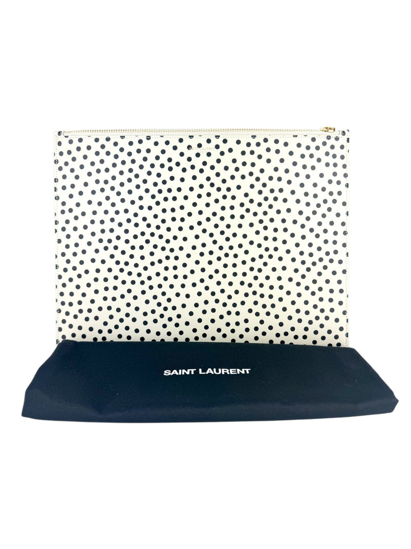 Saint Laurent Ivory and Black Polkadot Leather Clutch Bag