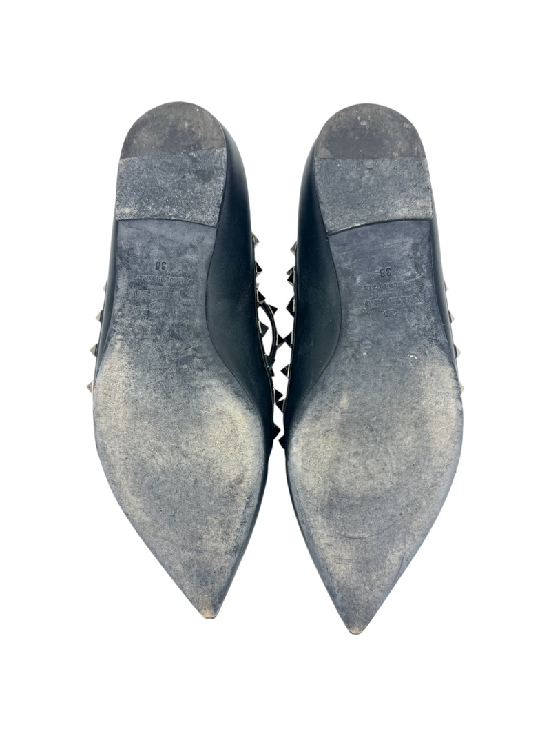 Valentino Black Leather Caged Rockstud Ankle Flats 38