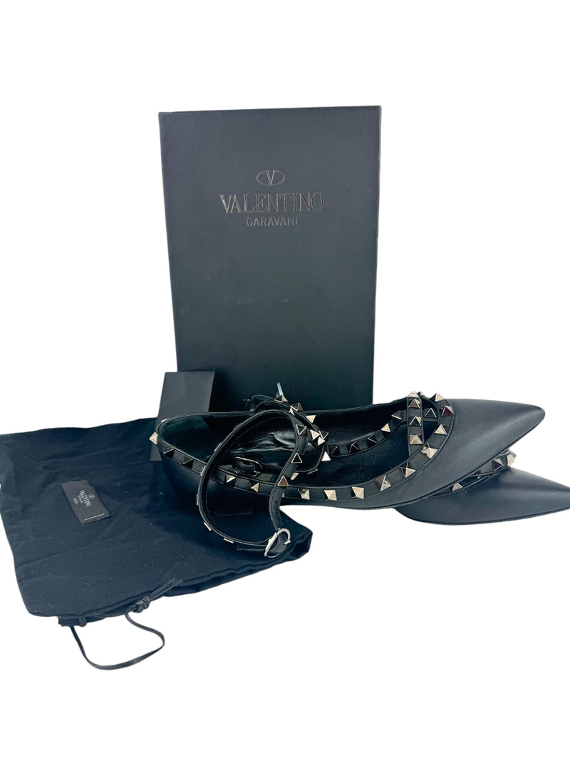 Valentino Black Leather Caged Rockstud Ankle Flats 38