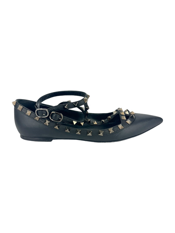 Valentino Black Leather Caged Rockstud Ankle Flats 38