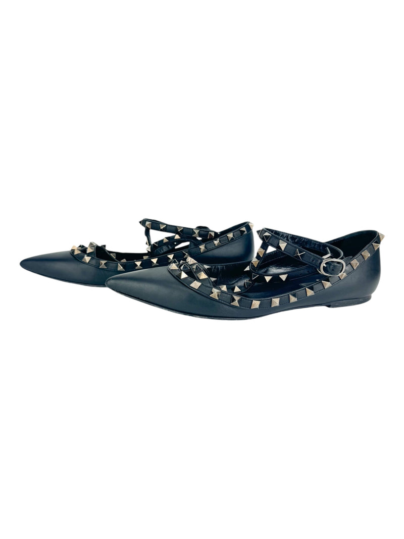 Valentino Black Leather Caged Rockstud Ankle Flats 38