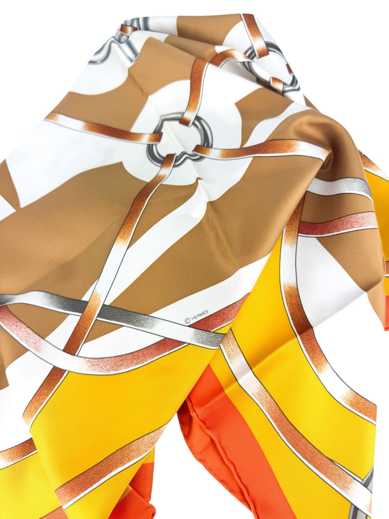 Hermes Orange, Brown and Yellow Silk Scarf 90