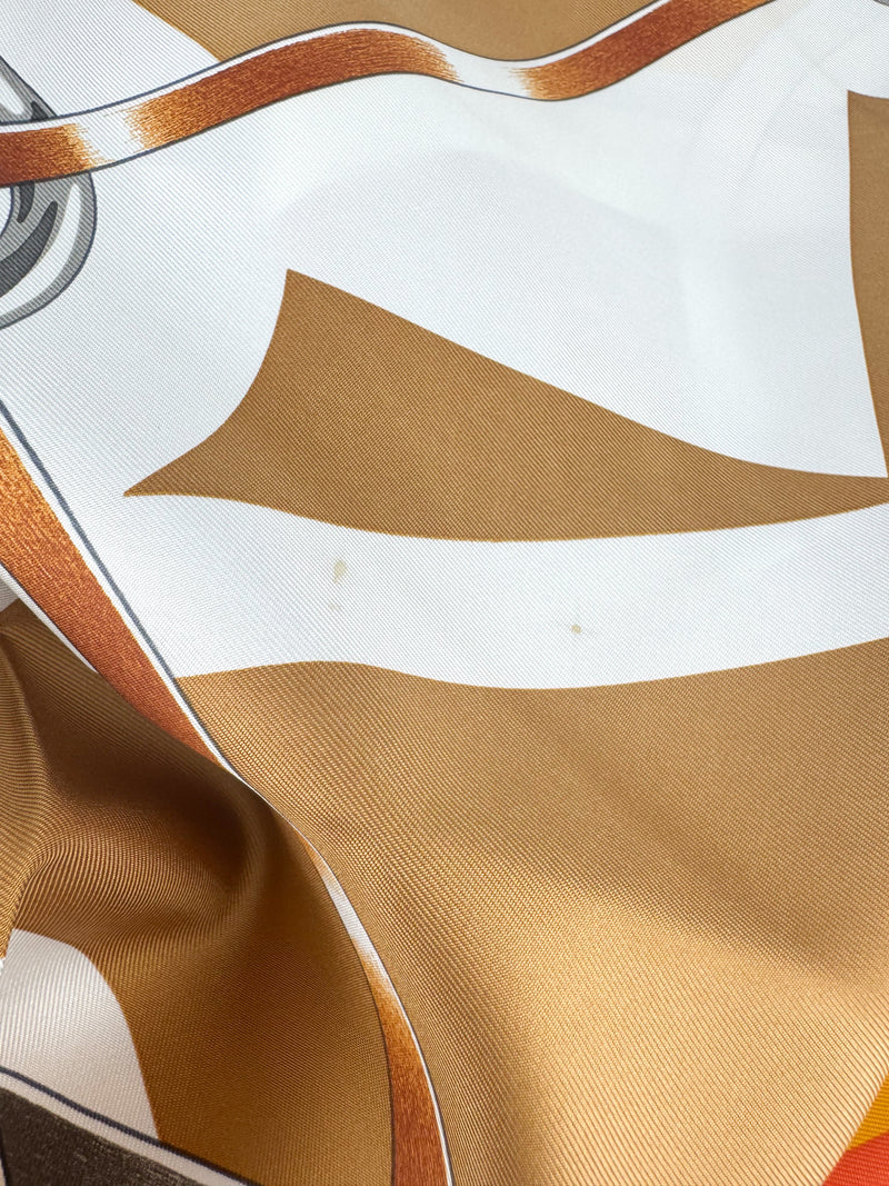 Hermes Orange, Brown and Yellow Silk Scarf 90