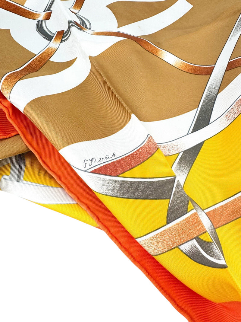 Hermes Orange, Brown and Yellow Silk Scarf 90