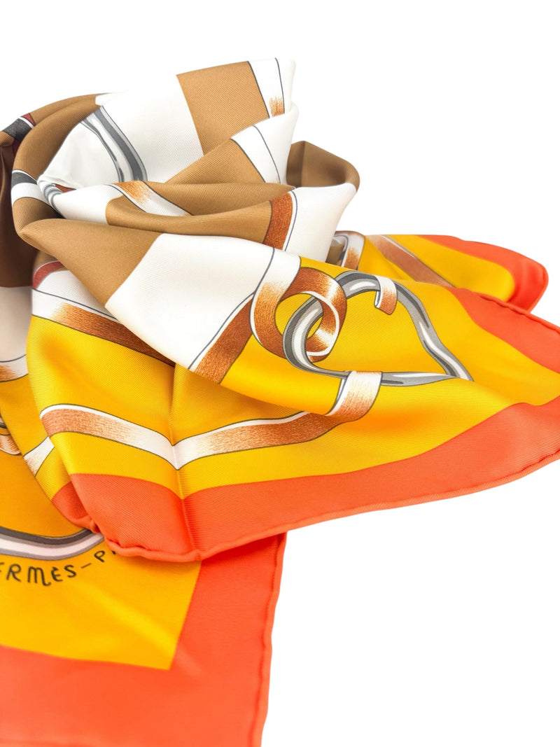 Hermes Orange, Brown and Yellow Silk Scarf 90