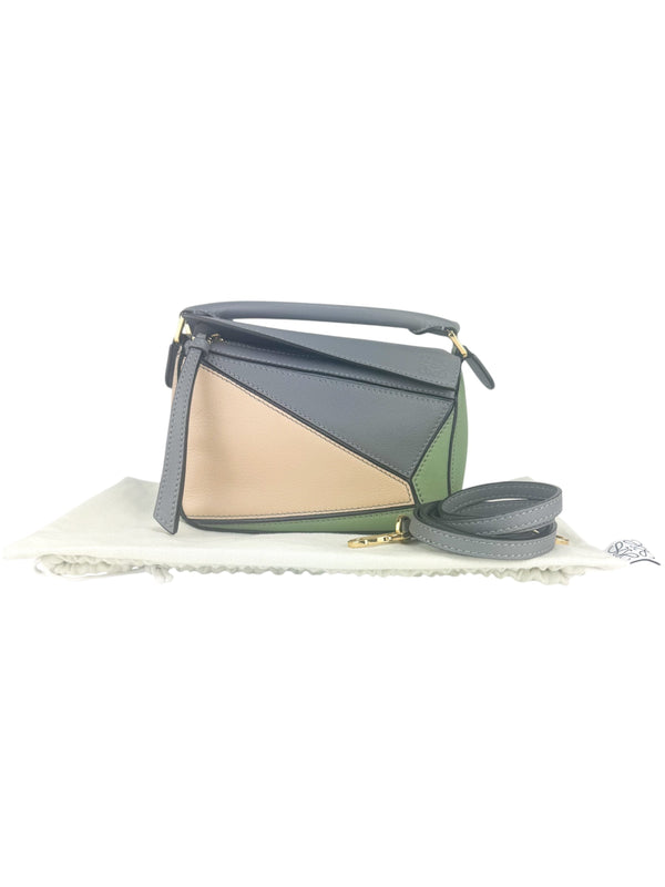 Loewe Dark Gray, Beige and Dusty Green Leather Puzzle Bag Mini