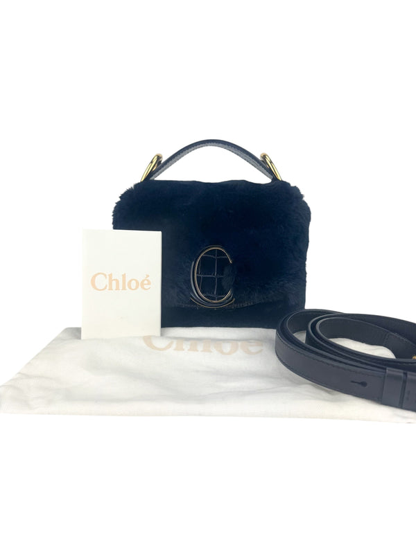Chloe Navy Faux Fur and Leather C Handbag Mini