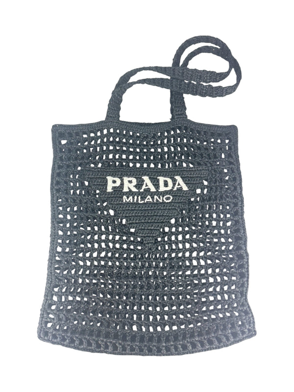 Prada Black Raffia Crochet Logo Tote Bag
