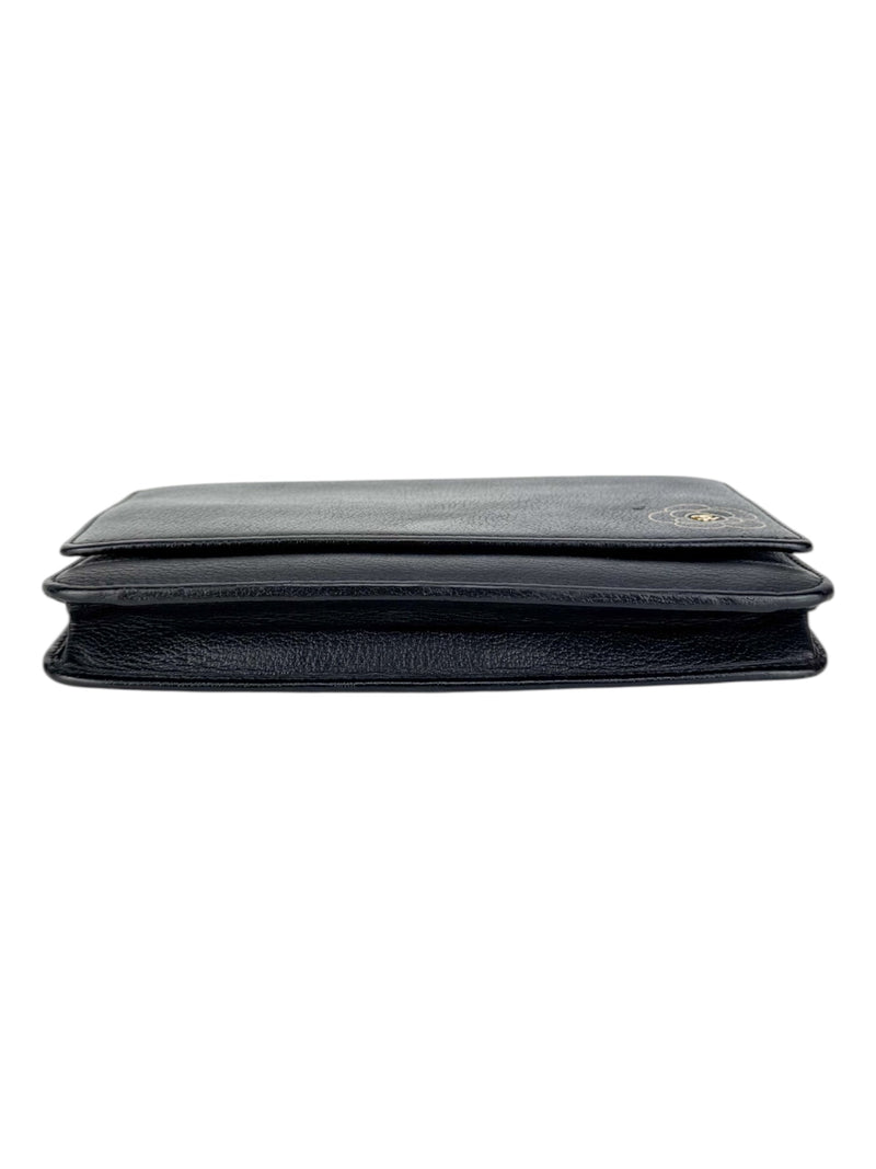 Chanel Black Leather Camellia Wallet On Chain