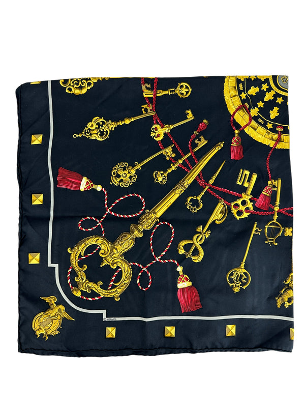 Hermès Black and Gold Les Cles Key 90cm Silk Scarf