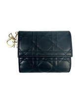 Christian Dior Black Cannage Leather Gardenia Mini Wallet (Full Set)