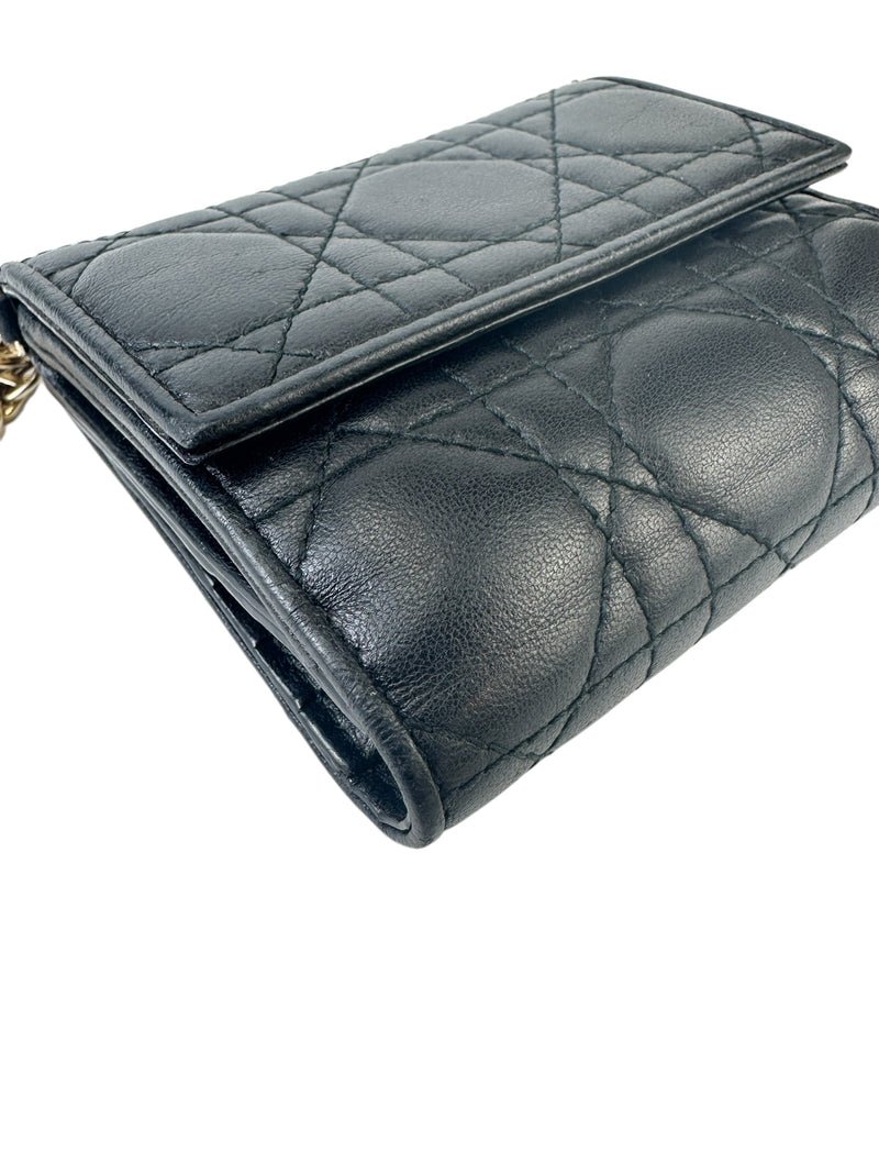 Christian Dior Black Cannage Leather Gardenia Mini Wallet (Full Set)