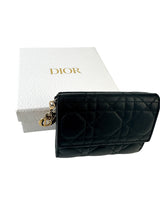 Christian Dior Black Cannage Leather Gardenia Mini Wallet (Full Set)