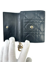 Christian Dior Black Cannage Leather Gardenia Mini Wallet (Full Set)