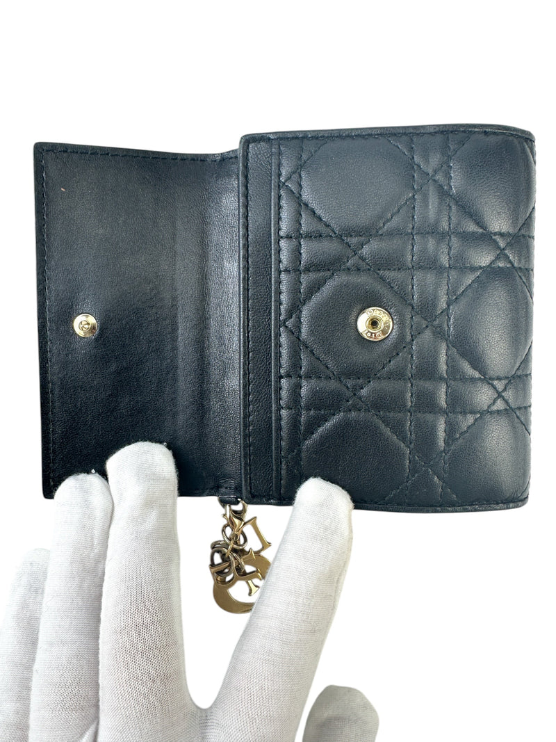 Christian Dior Black Cannage Leather Gardenia Mini Wallet (Full Set)
