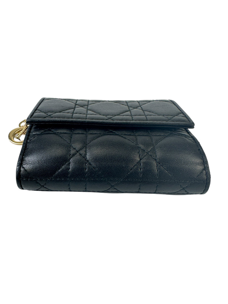 Christian Dior Black Cannage Leather Gardenia Mini Wallet (Full Set)