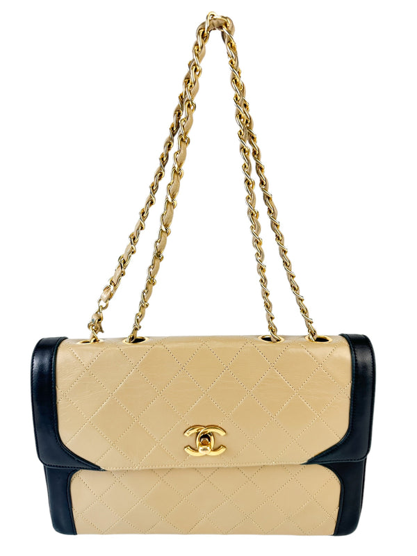 Chanel Vintage Beige w/ Black Trim Flap Bag