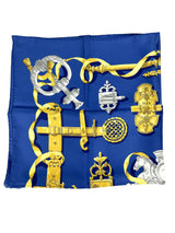 Hermès Blue and Gold Ferronerie Silk Scarf 90cm