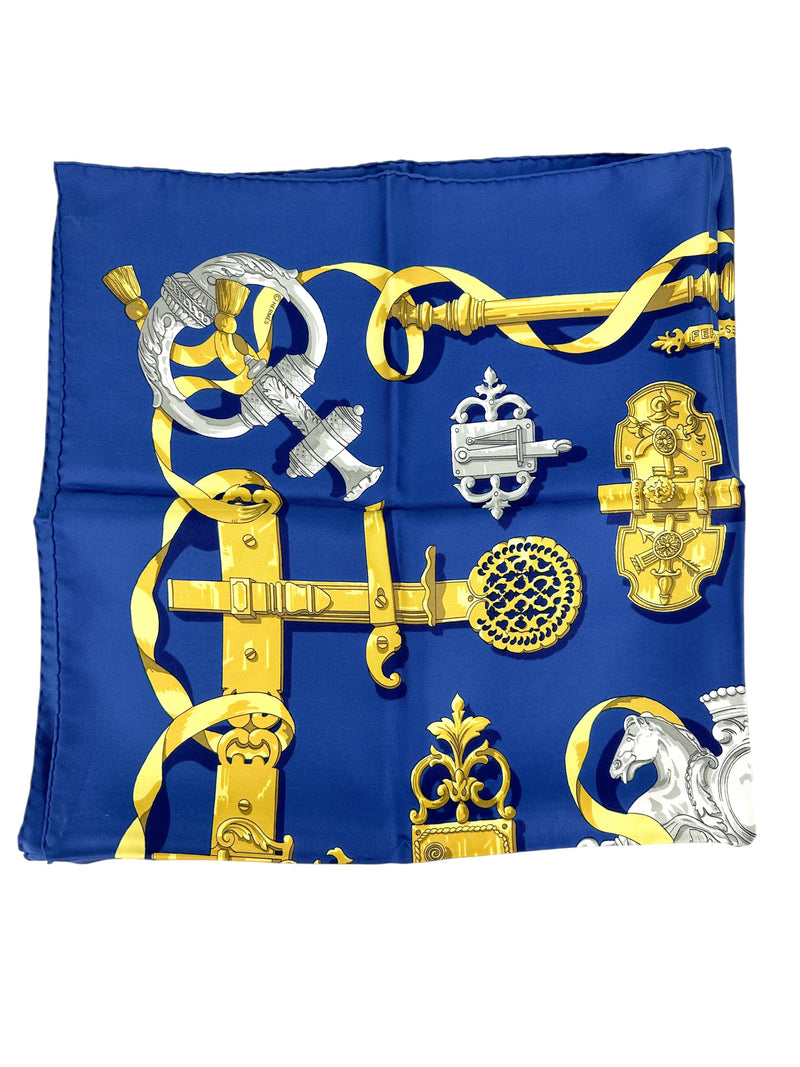 Hermès Blue and Gold Ferronerie Silk Scarf 90cm