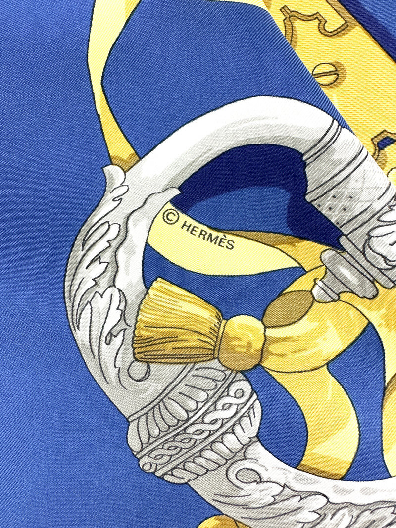 Hermès Blue and Gold Ferronerie Silk Scarf 90cm