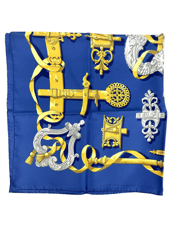 Hermès Blue and Gold Ferronerie Silk Scarf 90cm