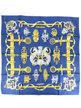 Hermès Blue and Gold Ferronerie Silk Scarf 90cm