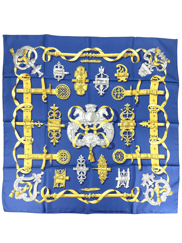 Hermès Blue and Gold Ferronerie Silk Scarf 90cm