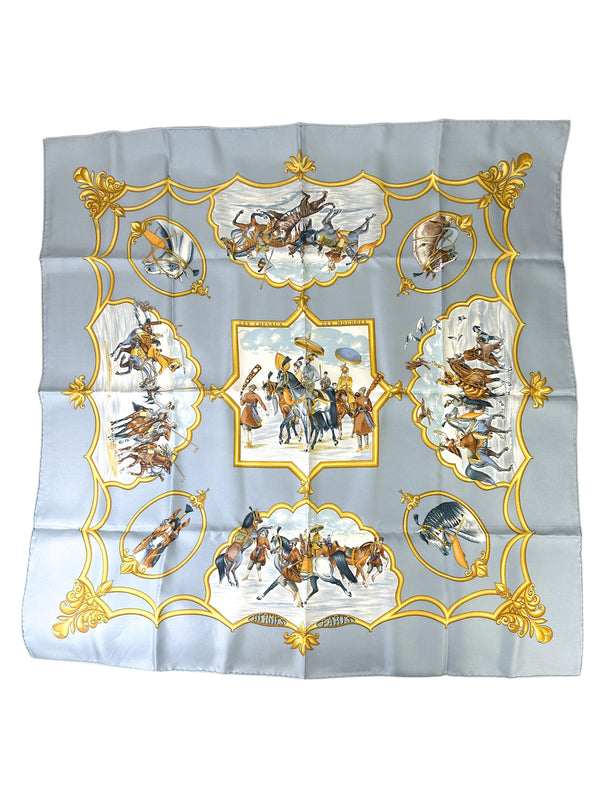 Hermès Gray Les Chevaux Des Moghols Silk Twill Scarf 90cm