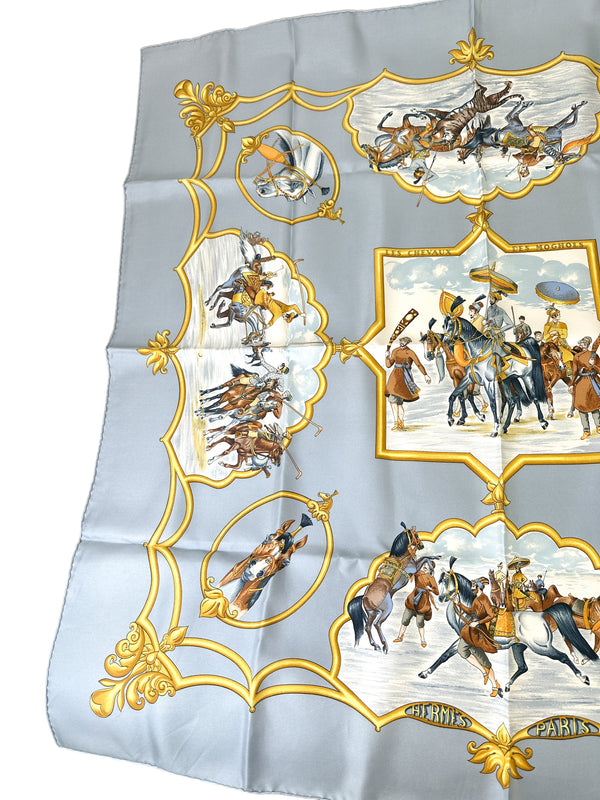 Hermès Gray Les Chevaux Des Moghols Silk Twill Scarf 90cm