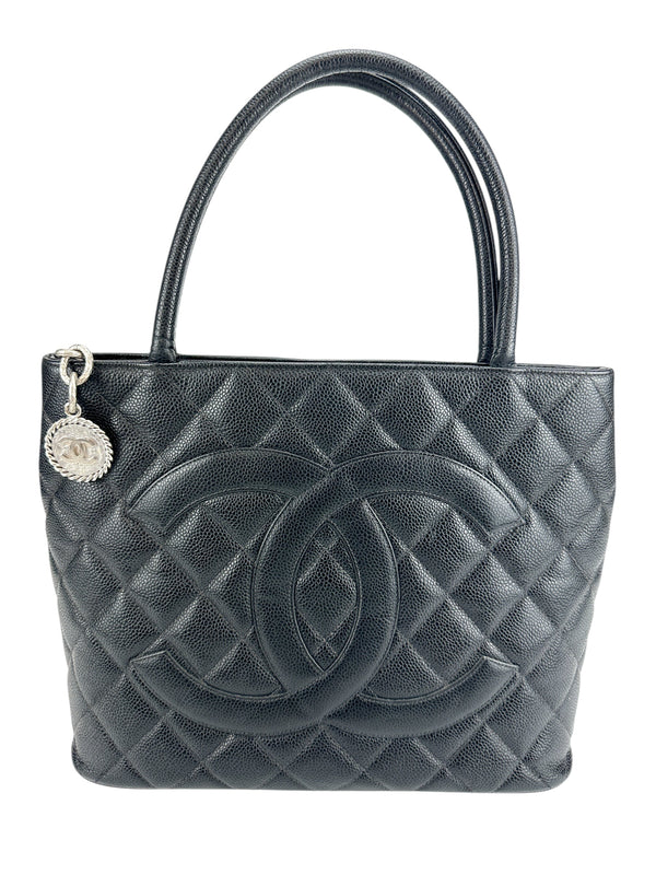 Chanel Black Caviar Leather Silver Medallion Tote