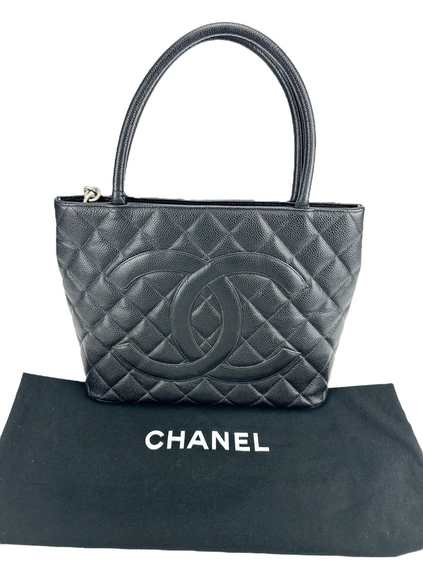 Chanel Black Caviar Leather Silver Medallion Tote