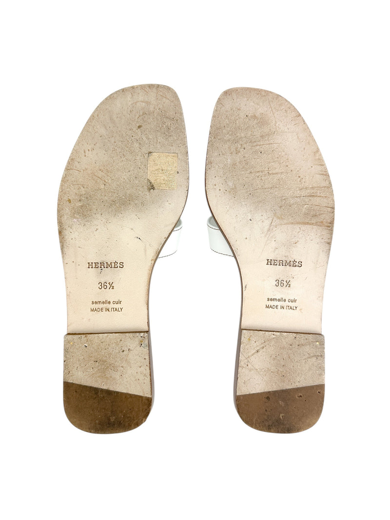 Hermès White Oran Leather Slides Size 36.5