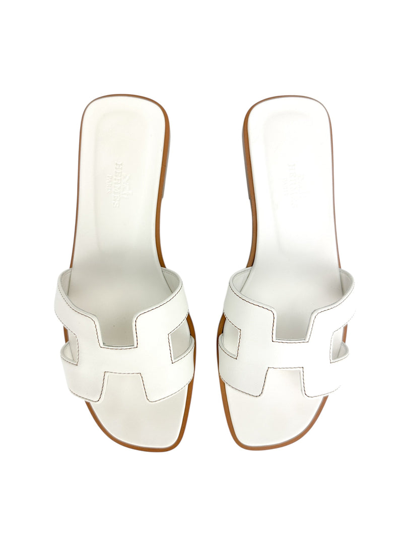 Hermès White Oran Leather Slides Size 36.5