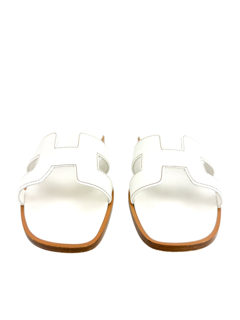 Hermès White Oran Leather Slides Size 36.5