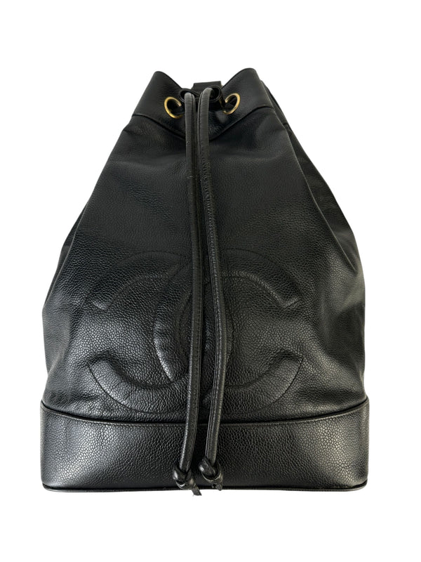 Chanel Vintage Black Caviar CC Drawstring Backpack W/ Pouch