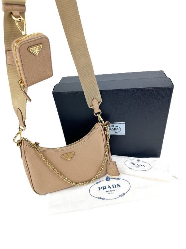 Prada Beige Saffiano Leather Re-Edition Bag (Full Set)