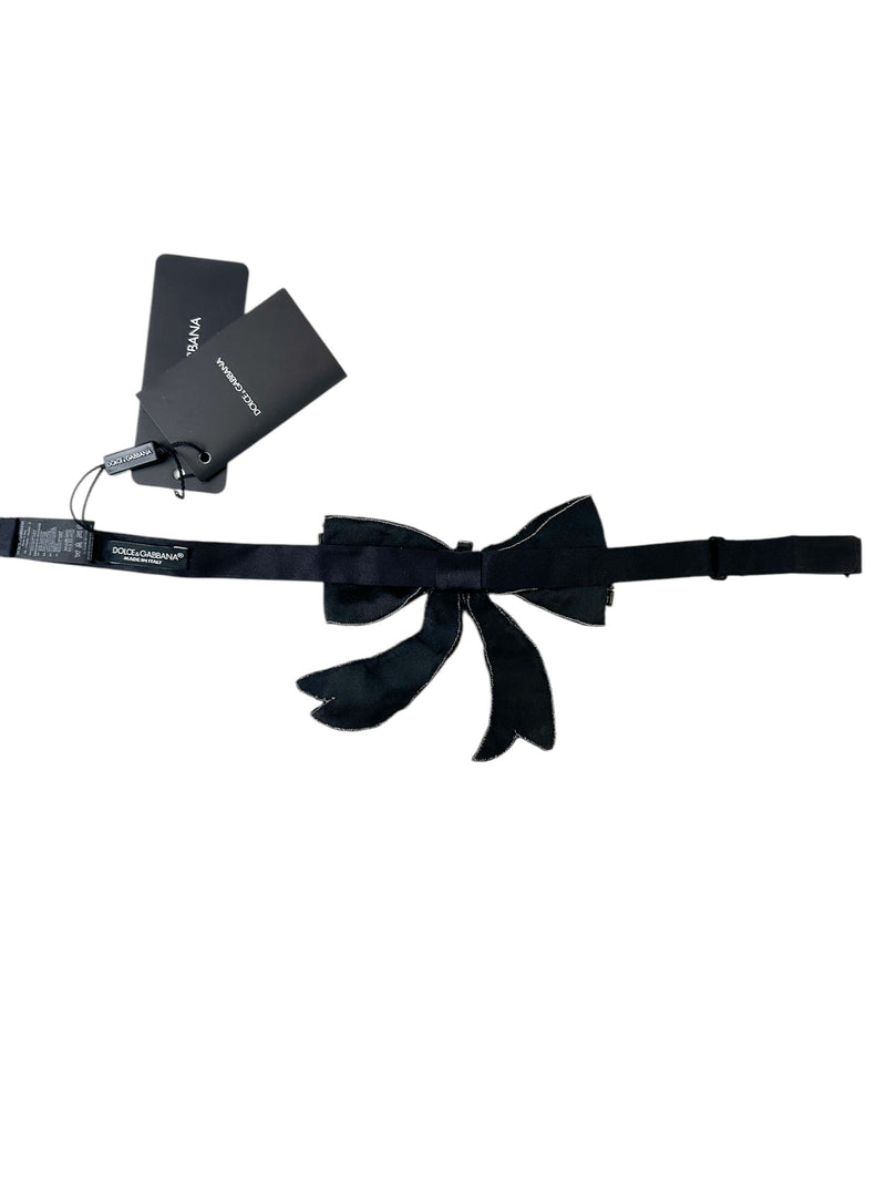 Dolce & Gabbana Silver Crystal and Black Satin Bow Tie (Full Set)